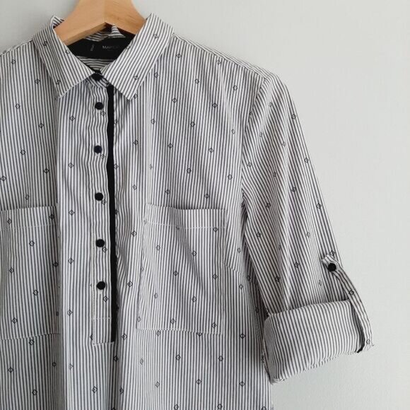 MANGO 1/4 Button Down Shirt White & Blue Stripe w/ Diamond Pattern Sz S - Picture 2 of 13